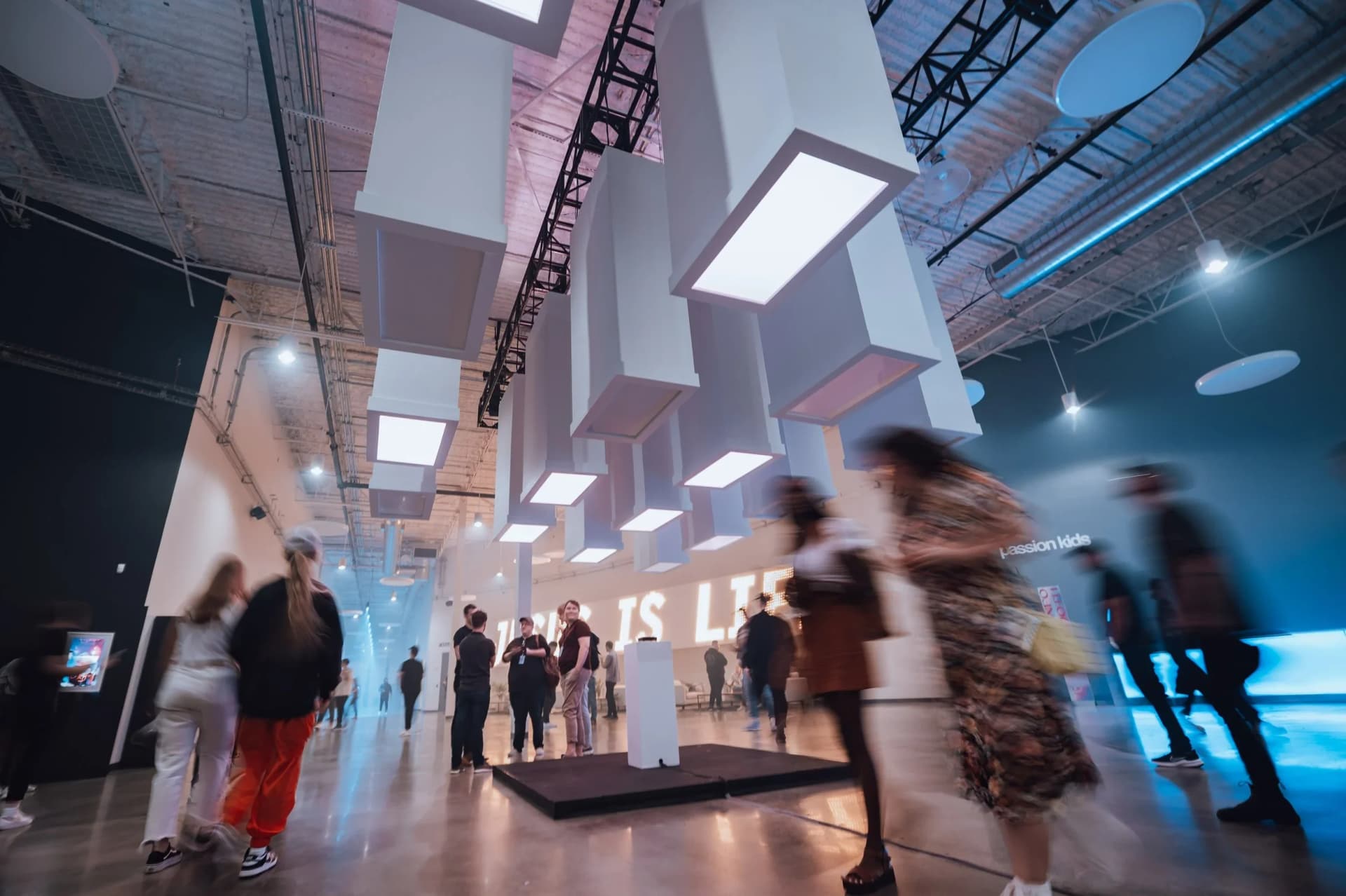 suspended cube lighting installation for immersive event environment