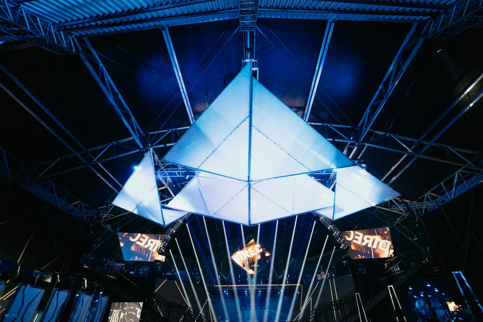 suspended pyramid lighting installation for experiential event